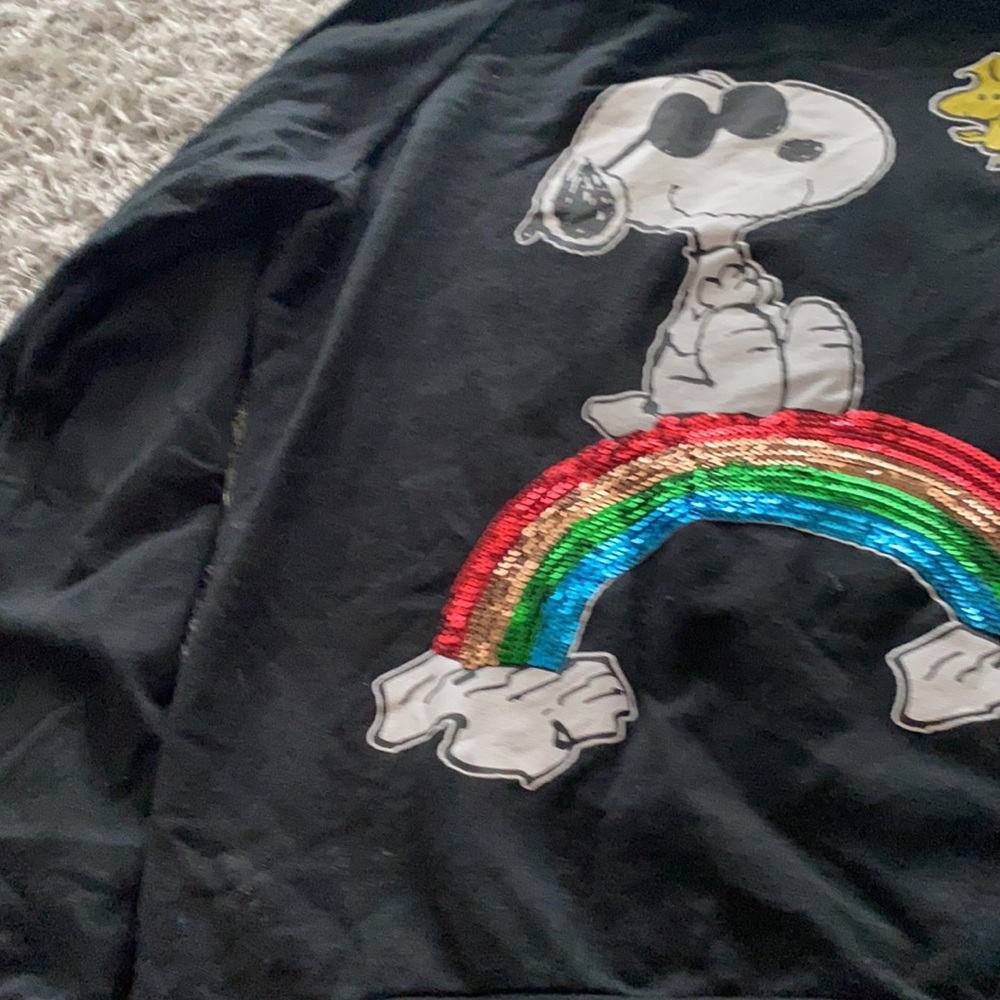 Peanuts Snoopy and Woodstock black Sequin rainbow graphic Sweatshirt - Picture 7 of 11